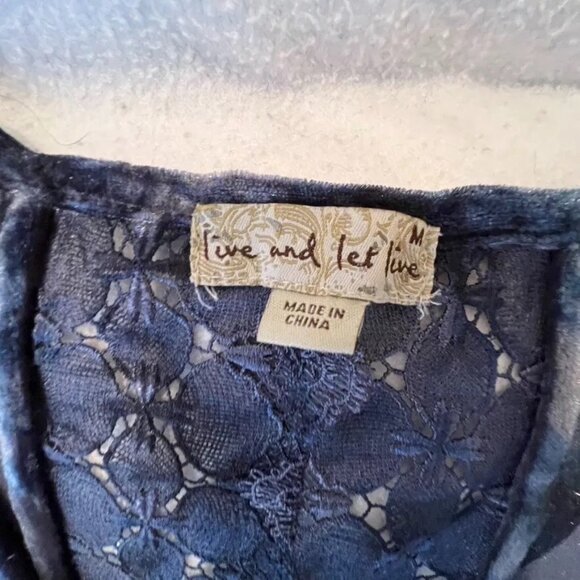 Live & Let Live Velvet Tunic Top Bell Slv Lace Blue Purple Flowy Gypsy Witchy M - Picture 8 of 9